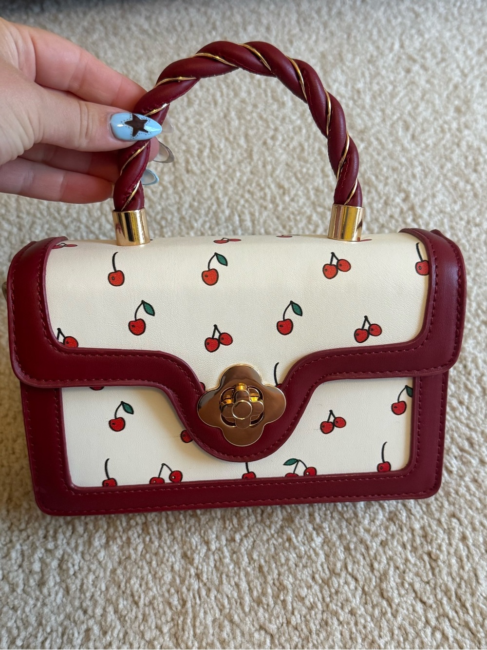 Cherry-Print Top Handle Bag in Cream and Burgundy